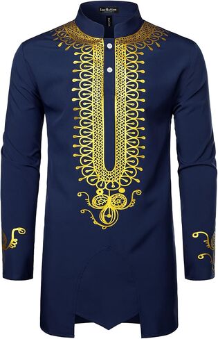 LucMatton Men's African Attire Dashiki Metallic Foil Print Long Sleeve Shirts Mandarin Collar Shirt in Saudi Arabia
