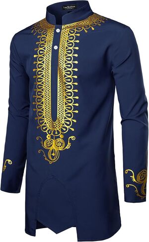 LucMatton Men's African Attire Dashiki Metallic Foil Print Long Sleeve Shirts Mandarin Collar Shirt in Saudi Arabia