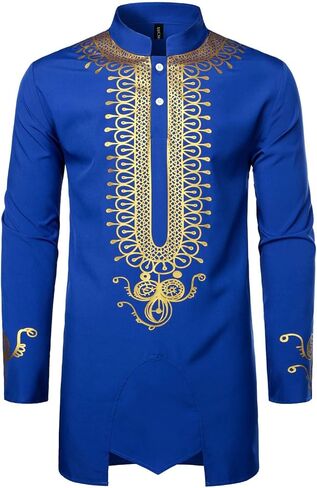 LucMatton Men's African Attire Dashiki Metallic Foil Print Long Sleeve Shirts Mandarin Collar Shirt in Saudi Arabia