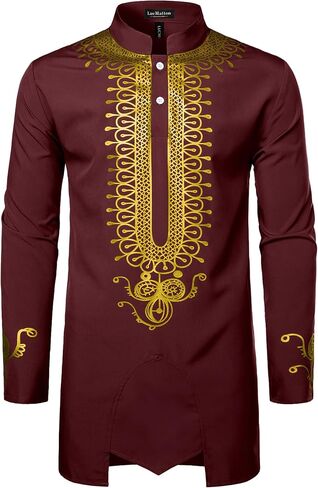LucMatton Men's African Attire Dashiki Metallic Foil Print Long Sleeve Shirts Mandarin Collar Shirt in Saudi Arabia