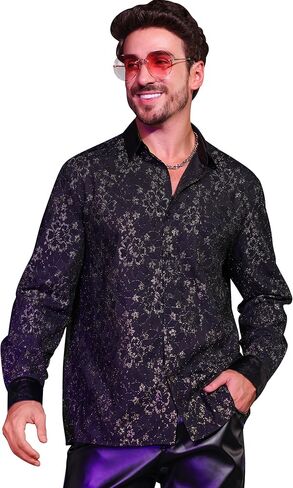 ODIZLI Men's Long Sleeve Button Up Floral Lace Glitters Shirts Party Nightclub Shirt Steetwear in Saudi Arabia