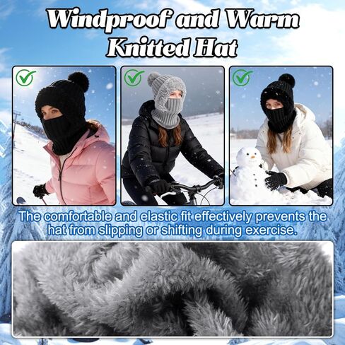 3 in 1 Beanie Hat for Women,Upgrade Cold Resistant Beanie Hat,Winter Warm Knitted Balaclava Scarf with Face Cover,Wind-Proof in Saudi Arabia