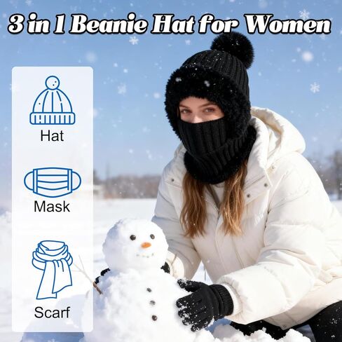 3 in 1 Beanie Hat for Women,Upgrade Cold Resistant Beanie Hat,Winter Warm Knitted Balaclava Scarf with Face Cover,Wind-Proof in Saudi Arabia