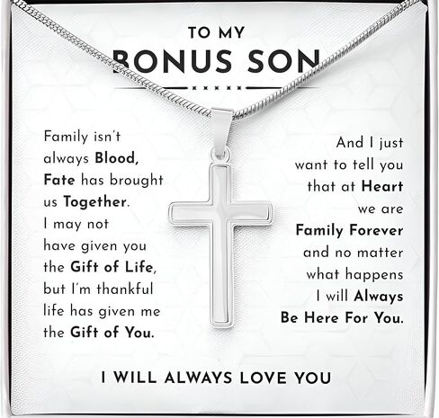 To My Bonus Son Necklace Chain, Stepson Gift Necklace, Bonus Son Necklace Gift, Bonus Son Personalized Cross Necklace, Bonus Son Necklace From Stepmom And Stepdad, Christmas Graduation Birthday Gift For Stepson (Two Toned Box, Family Forever) in Saudi Arabia