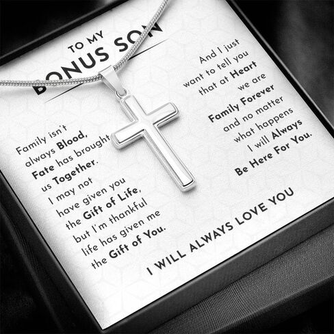 To My Bonus Son Necklace Chain, Stepson Gift Necklace, Bonus Son Necklace Gift, Bonus Son Personalized Cross Necklace, Bonus Son Necklace From Stepmom And Stepdad, Christmas Graduation Birthday Gift For Stepson (Two Toned Box, Family Forever) in Saudi Arabia