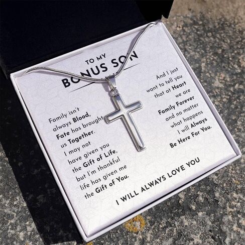 To My Bonus Son Necklace Chain, Stepson Gift Necklace, Bonus Son Necklace Gift, Bonus Son Personalized Cross Necklace, Bonus Son Necklace From Stepmom And Stepdad, Christmas Graduation Birthday Gift For Stepson (Two Toned Box, Family Forever) in Saudi Arabia
