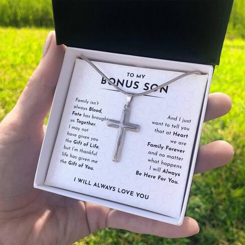 To My Bonus Son Necklace Chain, Stepson Gift Necklace, Bonus Son Necklace Gift, Bonus Son Personalized Cross Necklace, Bonus Son Necklace From Stepmom And Stepdad, Christmas Graduation Birthday Gift For Stepson (Two Toned Box, Family Forever) in Saudi Arabia