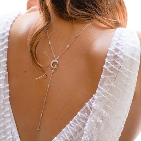 Simple Rhinestone Moon Star Back Chain Body Jewelry for Women Sexy Backless Crystal Necklace Bridal Wedding Backdrop Dress Accessories Jewelry in Saudi Arabia
