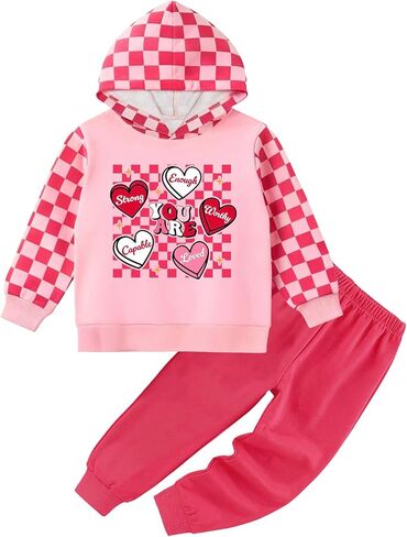 Toddler Girls Hoodie Set - Casual Heart Print kid Sweatsuit Fall Winter Plaid Sweatshirt SweatPant Valentine Outfit in Kuwait