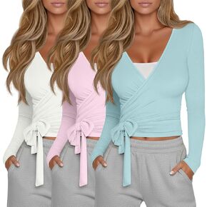 3 Pack Women's Tie Wrap Tops, Long Sleeve Workout Ballet Yoga Pilates Shirts Deep V Neck Tie Front Y2k Blouses(Beige White, Pink, Light Lake Blue,Medium) in Saudi Arabia