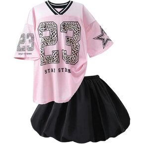 SweatyRocks Girl's 2 Piece Outfit Oversized Graphic Jersey Shirt and Bubble Skirt Sets in Saudi Arabia