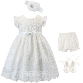 Bow Dream Baby Girls 3 PCS ثوب وغطاء محرك السيارة التعميد معمودية اللباس الدانتيل فستان أبيض 3-6 أشهر in Kuwait