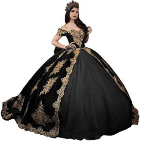 Mouccy Vintage Gold Appliques Quinceanera Dresses Velvet Beaded Sweet 16 Dresses with Train Off Shoulder 3D Floral 15 Dress in Saudi Arabia