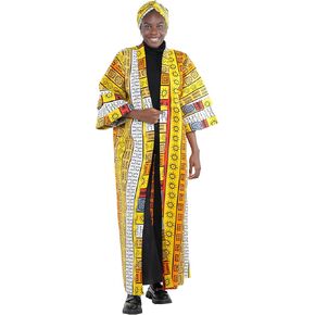 African Kimono Duster Robe with Head Wrap – Ankara Print Long Cardigan Jacket for Women, One Size Fits Plus Size, 100% Cotton African Attire with Belt & Pockets in Saudi Arabia