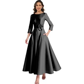 فساتين أم العروس الصغيرة بطول الشاي، من الساتان الأسود مع أكمام على شكل حرف A، فستان ضيف حفل زفاف الخريف in Kuwait