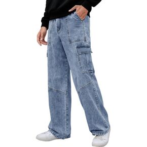 Mens Baggy Cargo Jeans Wide Leg Hip Hop Jeans Streetwear Loose Fit Casual Denim Pants in Saudi Arabia
