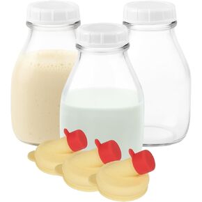 Kitchentoolz 16 Oz Glass Milk and Creamer Bottle with Caps - Perfect Milk Container for Refrigerator Storage - 16 Ounce Short and Wide Glass Milk Bottle with Lid and Pour Spout - Pack of 1 in Kuwait