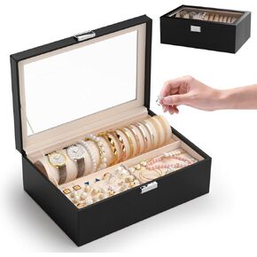 Jewelry Organizer Box with Clear Glass Lid, Bracelet Holder Jewelry Storage Case for Earrings, Rings, Bangles, Watches - PU Leather Jewelry Display Box Gifts for Women Girls, White in Kuwait