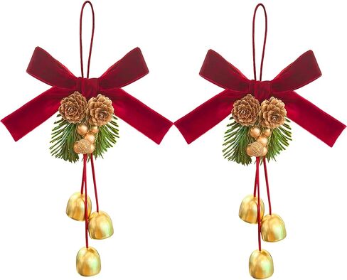 2 PCS Red Christmas Bows with Bells and Pine Cone Pine Needle Hanging Christmas Tree Topper Christmas Wreath Decorative Velvet Bow Ornaments Decor for Xmas Party Decoration in Saudi Arabia