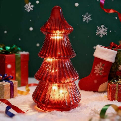 Mercury Glass Christmas Trees with Led Lights and Timer,9 Inch Mercury Glass Xmas Trees Tabletop Centerpiece for Holiday Home Decor (Red-A) in Saudi Arabia