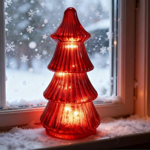 Mercury Glass Christmas Trees with Led Lights and Timer,9 Inch Mercury Glass Xmas Trees Tabletop Centerpiece for Holiday Home Decor (Red-A) in Saudi Arabia
