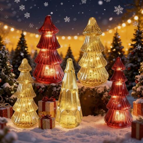 Mercury Glass Christmas Trees with Led Lights and Timer,9 Inch Mercury Glass Xmas Trees Tabletop Centerpiece for Holiday Home Decor (Red-A) in Saudi Arabia