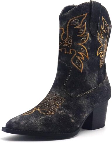 Cowboy Boots For Women Cowgirl Mid Calf Western Embroidered Boot MidChunky Block Heel Fashion Boots in Saudi Arabia