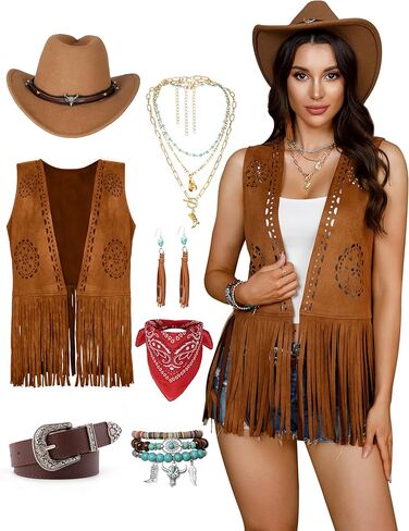 Angelaicos Women's Western Cowgirl Outfits Cowboy Costume Fringe Vest Wild West Tops Outfit in Saudi Arabia