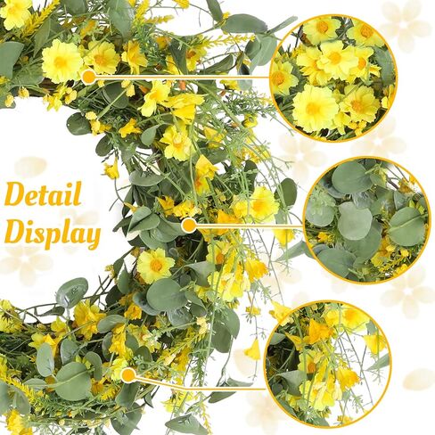 22" Daisy Spring Summer Wreath with Green Leaves, Wildflower Artificial Wreath for Front Door Home Wall Wedding Farmhouse Holiday Outdoor Indoor Décor (Yellow) in Saudi Arabia