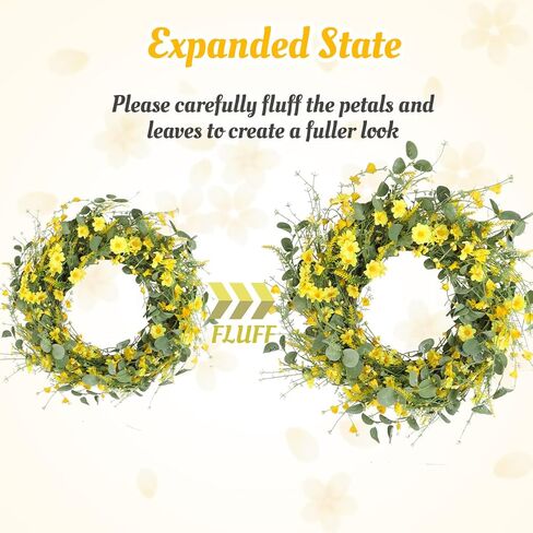 22" Daisy Spring Summer Wreath with Green Leaves, Wildflower Artificial Wreath for Front Door Home Wall Wedding Farmhouse Holiday Outdoor Indoor Décor (Yellow) in Saudi Arabia