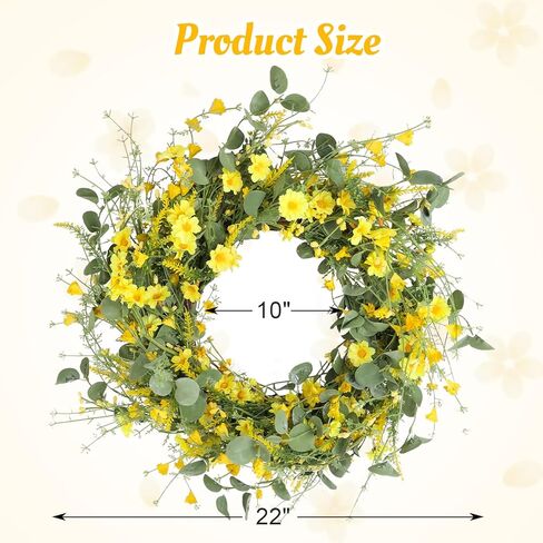 22" Daisy Spring Summer Wreath with Green Leaves, Wildflower Artificial Wreath for Front Door Home Wall Wedding Farmhouse Holiday Outdoor Indoor Décor (Yellow) in Saudi Arabia