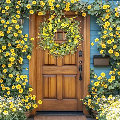 22" Daisy Spring Summer Wreath with Green Leaves, Wildflower Artificial Wreath for Front Door Home Wall Wedding Farmhouse Holiday Outdoor Indoor Décor (Yellow) in Saudi Arabia