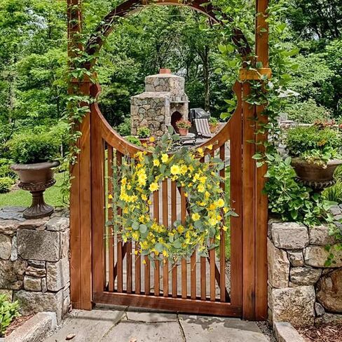 22" Daisy Spring Summer Wreath with Green Leaves, Wildflower Artificial Wreath for Front Door Home Wall Wedding Farmhouse Holiday Outdoor Indoor Décor (Yellow) in Saudi Arabia