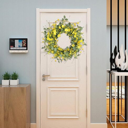 22" Daisy Spring Summer Wreath with Green Leaves, Wildflower Artificial Wreath for Front Door Home Wall Wedding Farmhouse Holiday Outdoor Indoor Décor (Yellow) in Saudi Arabia