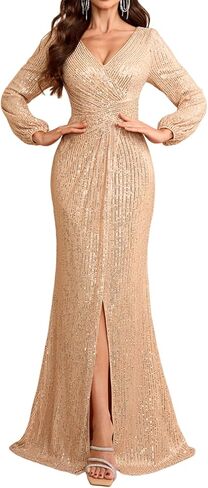 Women's Sexy Long Sleeve V Neck Sequin Long Formal Party Dress Evening Gown in Saudi Arabia
