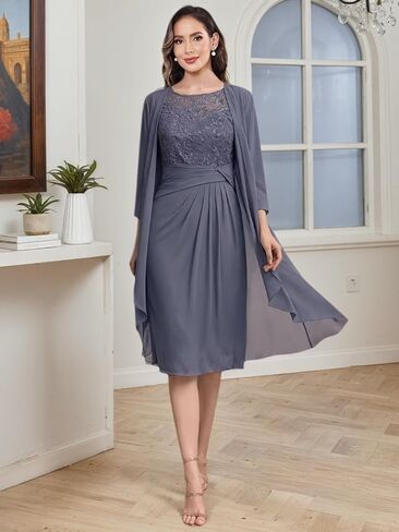 2 Pieces Mother of The Bride Dresses for Women Lace Applique Chiffon Knee Length Formal Evening Party Gowns with Jacket in Saudi Arabia