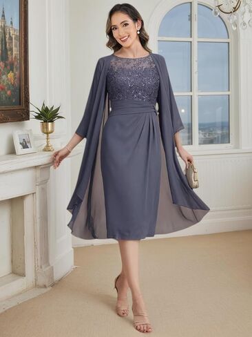 2 Pieces Mother of The Bride Dresses for Women Lace Applique Chiffon Knee Length Formal Evening Party Gowns with Jacket in Saudi Arabia
