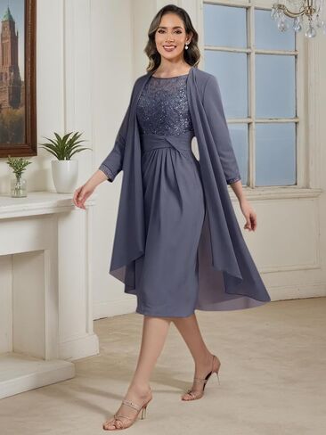 2 Pieces Mother of The Bride Dresses for Women Lace Applique Chiffon Knee Length Formal Evening Party Gowns with Jacket in Saudi Arabia