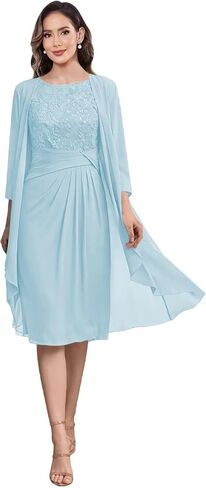 2 Pieces Mother of The Bride Dresses for Women Lace Applique Chiffon Knee Length Formal Evening Party Gowns with Jacket in Saudi Arabia