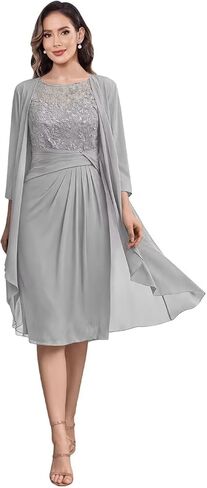 2 Pieces Mother of The Bride Dresses for Women Lace Applique Chiffon Knee Length Formal Evening Party Gowns with Jacket in Saudi Arabia