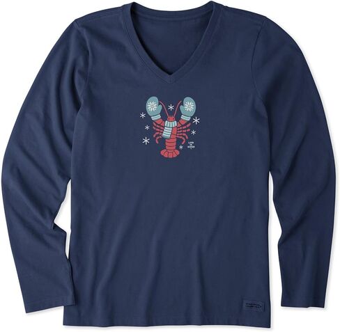 Life is Good. Women's Holiday Lobster Long Sleeve Crusher Vee, Darkest Blue in Saudi Arabia
