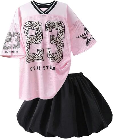 SweatyRocks Girl's 2 Piece Outfit Oversized Graphic Jersey Shirt and Bubble Skirt Sets in Saudi Arabia