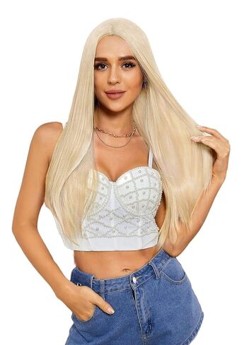 blonde Wigs Straight with Flat Bangs Synthetic Colorful Cosplay long Wig for Women + Free Wig Cap 14" Natural As Real in Saudi Arabia