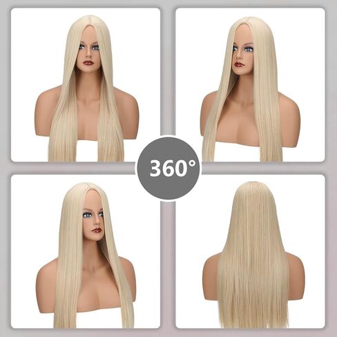 blonde Wigs Straight with Flat Bangs Synthetic Colorful Cosplay long Wig for Women + Free Wig Cap 14" Natural As Real in Saudi Arabia
