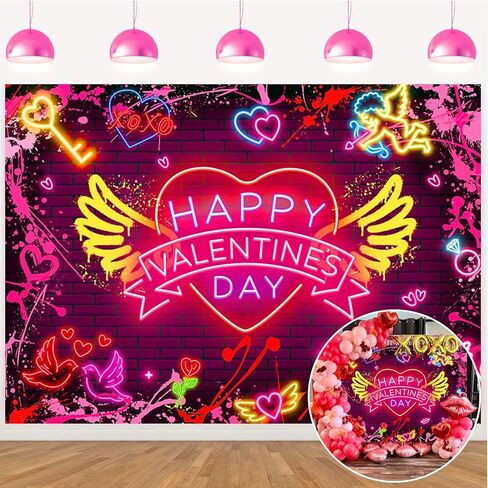 Happy Happy Valentine's Day Banner Backdrop 7x5ft Neon Red Graffiti Paint Heart Valentines Day Photography Background Valentines موضوع رومانسي رومانسي للزخارف الحزب لافتة (7x5ft (82 × 59 بوصة) in Kuwait