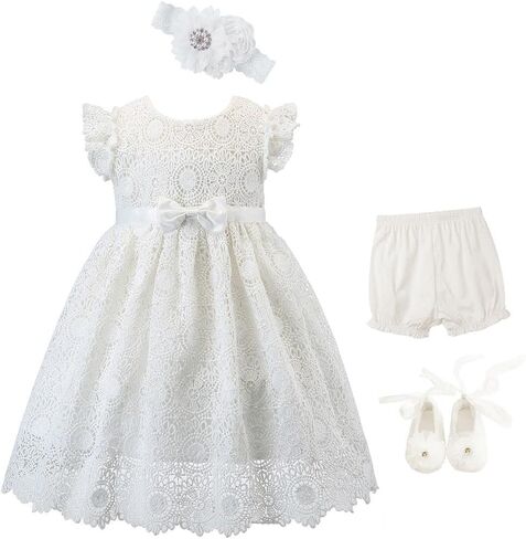 Bow Dream Baby Girls 3 PCS ثوب وغطاء محرك السيارة التعميد معمودية اللباس الدانتيل فستان أبيض 3-6 أشهر in Kuwait