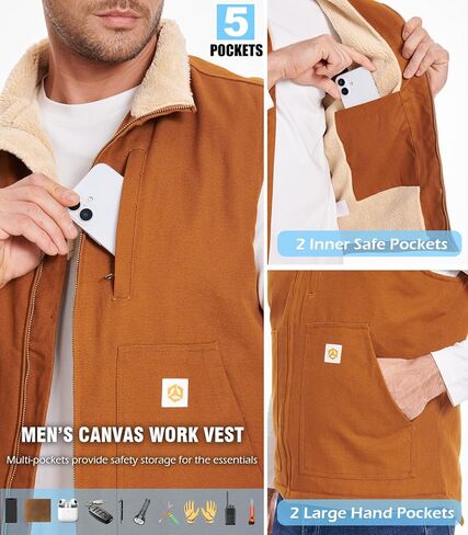 CARWORNIC Waterproof Washed Duck Vest Winter Sherpa Fleece Lined Loose Fit Mock-Neck Insulated Canvas Workwear Vest in Saudi Arabia
