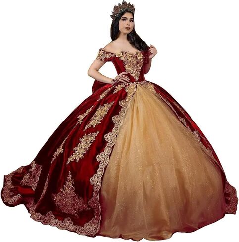 فساتين Quinceanera مزينة باللون الذهبي العتيق من Moucy فساتين Quinceanera مخملية مطرزة حلوة 16 فستان مع ذيل مكشوف الكتفين فستان ثلاثي الأبعاد مزين بالزهور 15 in Kuwait