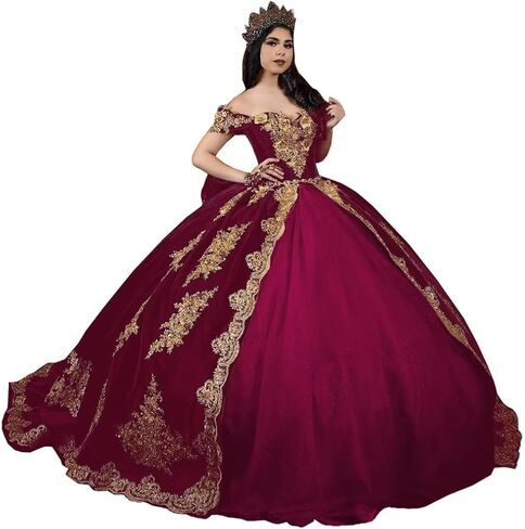 فساتين Quinceanera مزينة باللون الذهبي العتيق من Moucy فساتين Quinceanera مخملية مطرزة حلوة 16 فستان مع ذيل مكشوف الكتفين فستان ثلاثي الأبعاد مزين بالزهور 15 in Kuwait