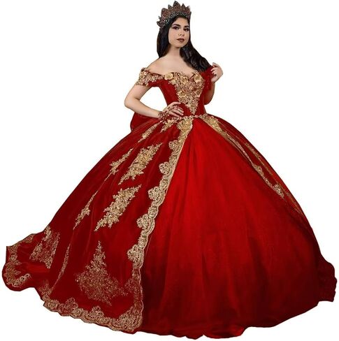 فساتين Quinceanera مزينة باللون الذهبي العتيق من Moucy فساتين Quinceanera مخملية مطرزة حلوة 16 فستان مع ذيل مكشوف الكتفين فستان ثلاثي الأبعاد مزين بالزهور 15 in Kuwait